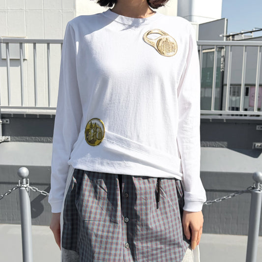 coin and ring embroidery long sleeve t shirt / white / 刺繍ロングスリーブTシャツ