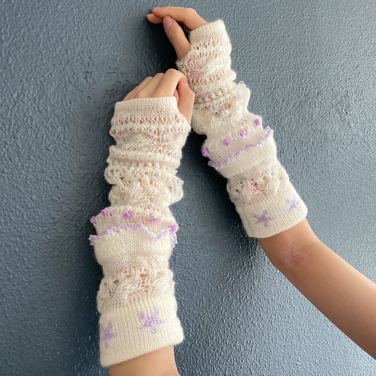 Knitted arm warmer / White × Purple / ニットアームウォーマー