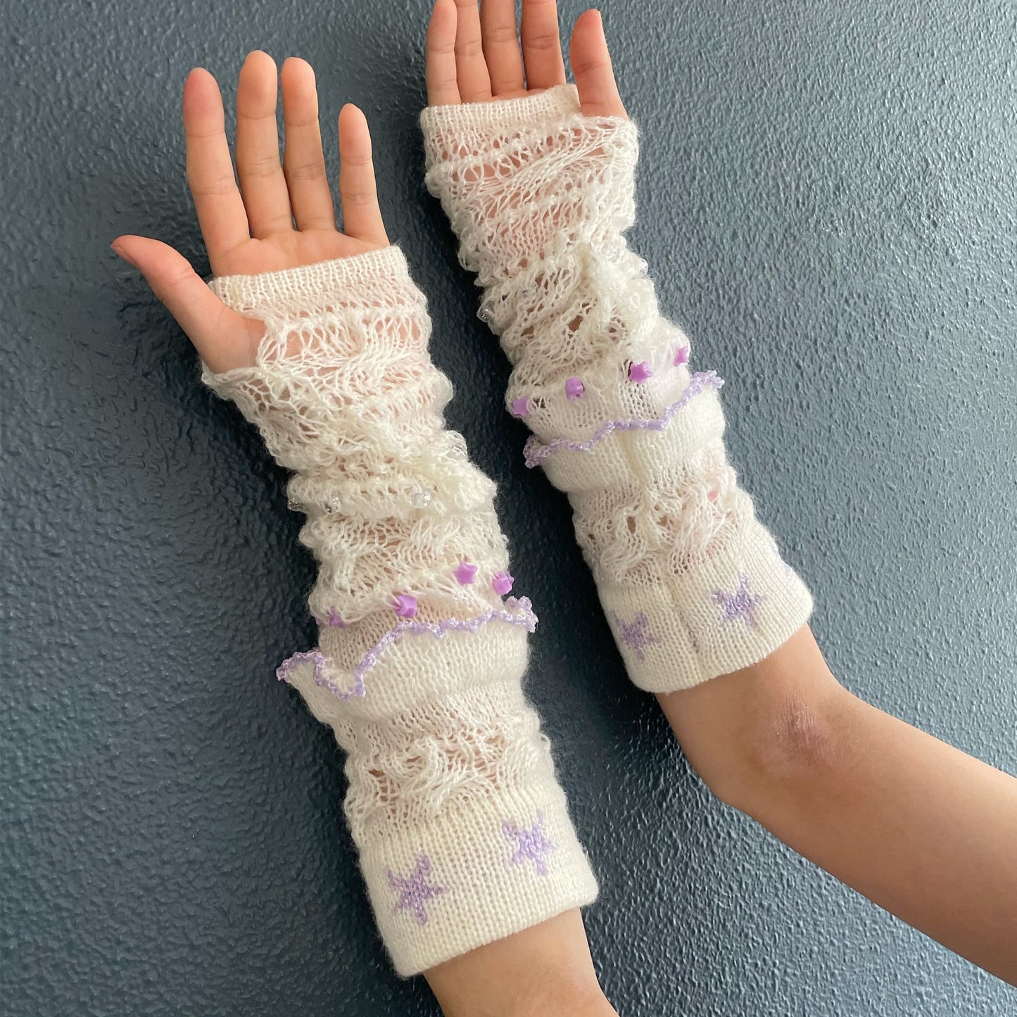 Knitted arm warmer / White × Purple / ニットアームウォーマー