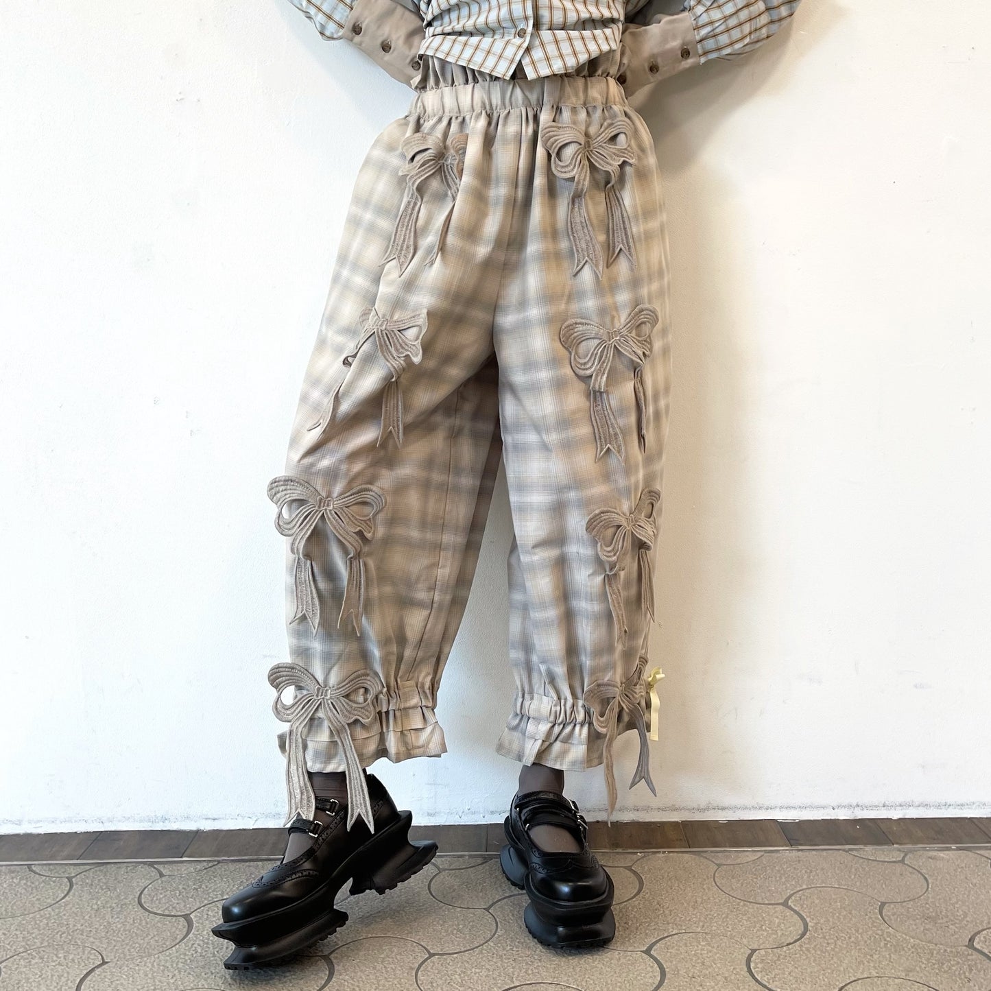 DRAWERS RIBBON CHECK PANTS / BEIGE / リボンチェックパンツ