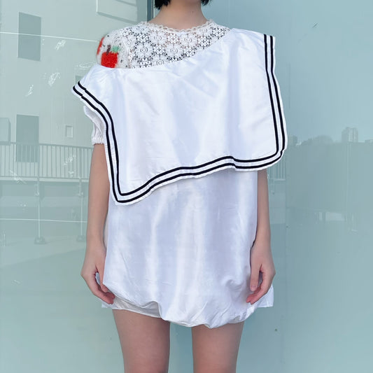 BACKWARDS SAILOR COLLAR DRESS, DROPPED DOWN SHOULDER SHORT SILK VERSION / WHITE / ドロップショルダーセーラートップ