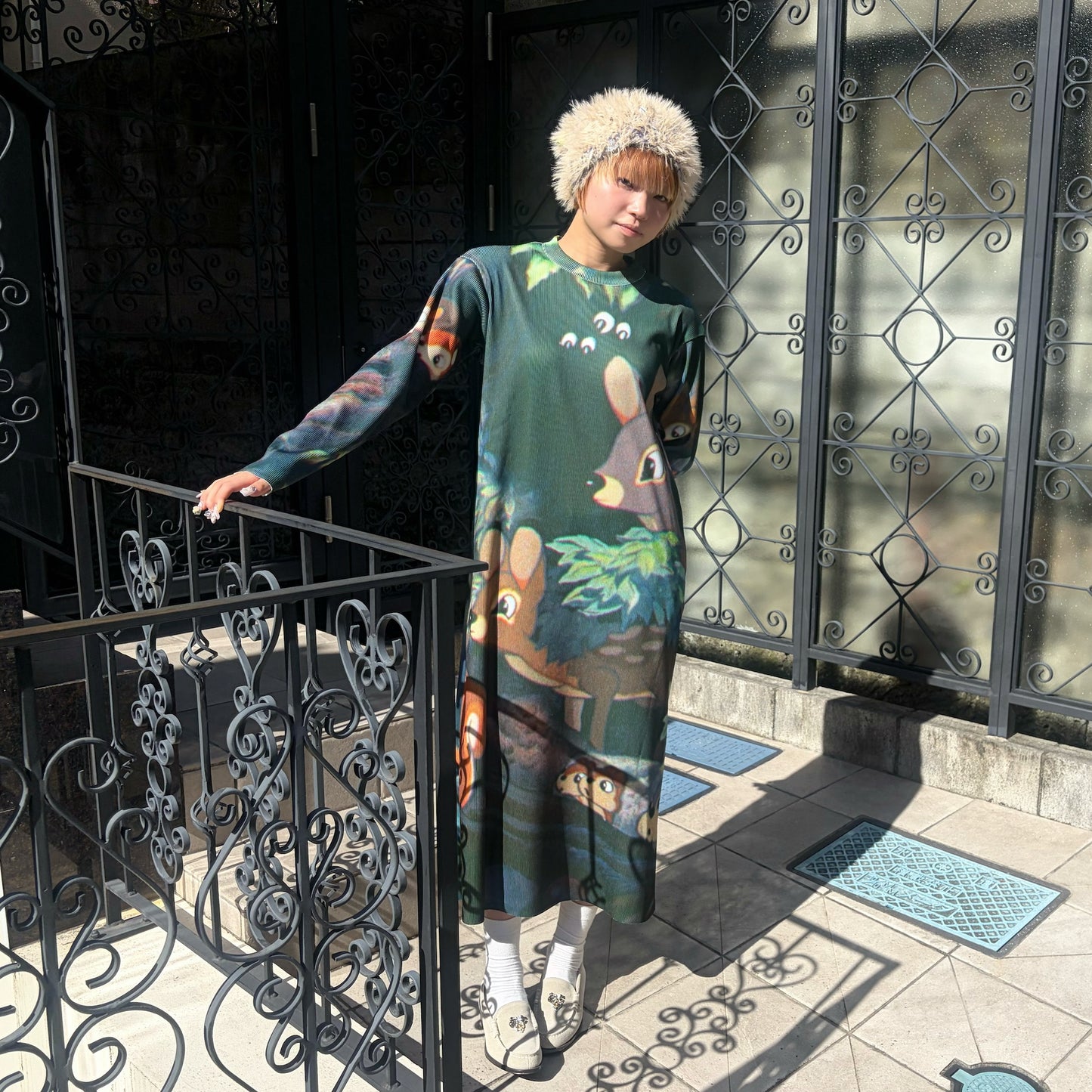 PRINT RIB LONG SLEEVE ONE-PIECE / SNOW WHITE / プリントリブ長袖ワンピース