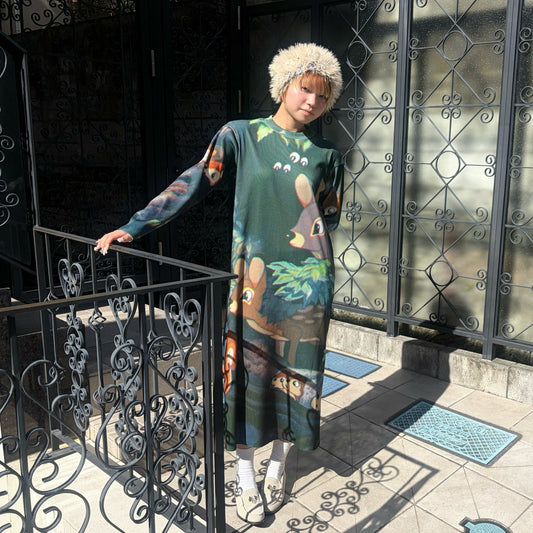 PRINT RIB LONG SLEEVE ONE-PIECE / SNOW WHITE / プリントリブ長袖ワンピース