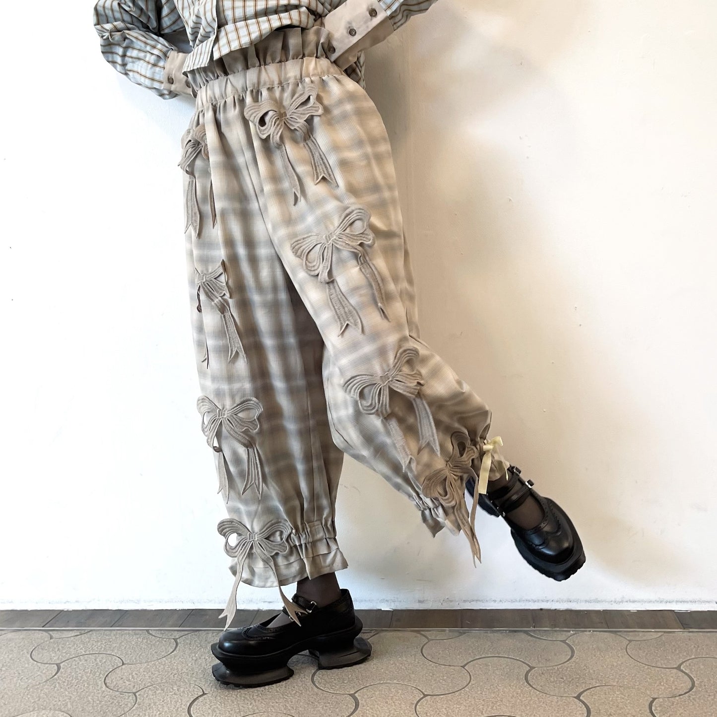 DRAWERS RIBBON CHECK PANTS / BEIGE / リボンチェックパンツ