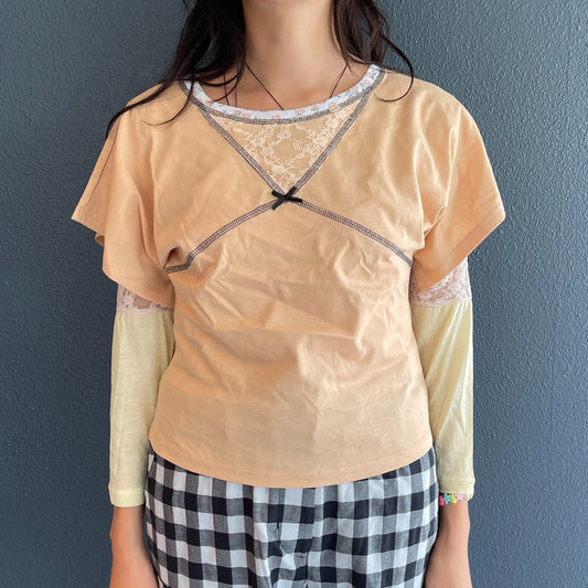 stitch point petit top / orange beige / レースステッチトップ