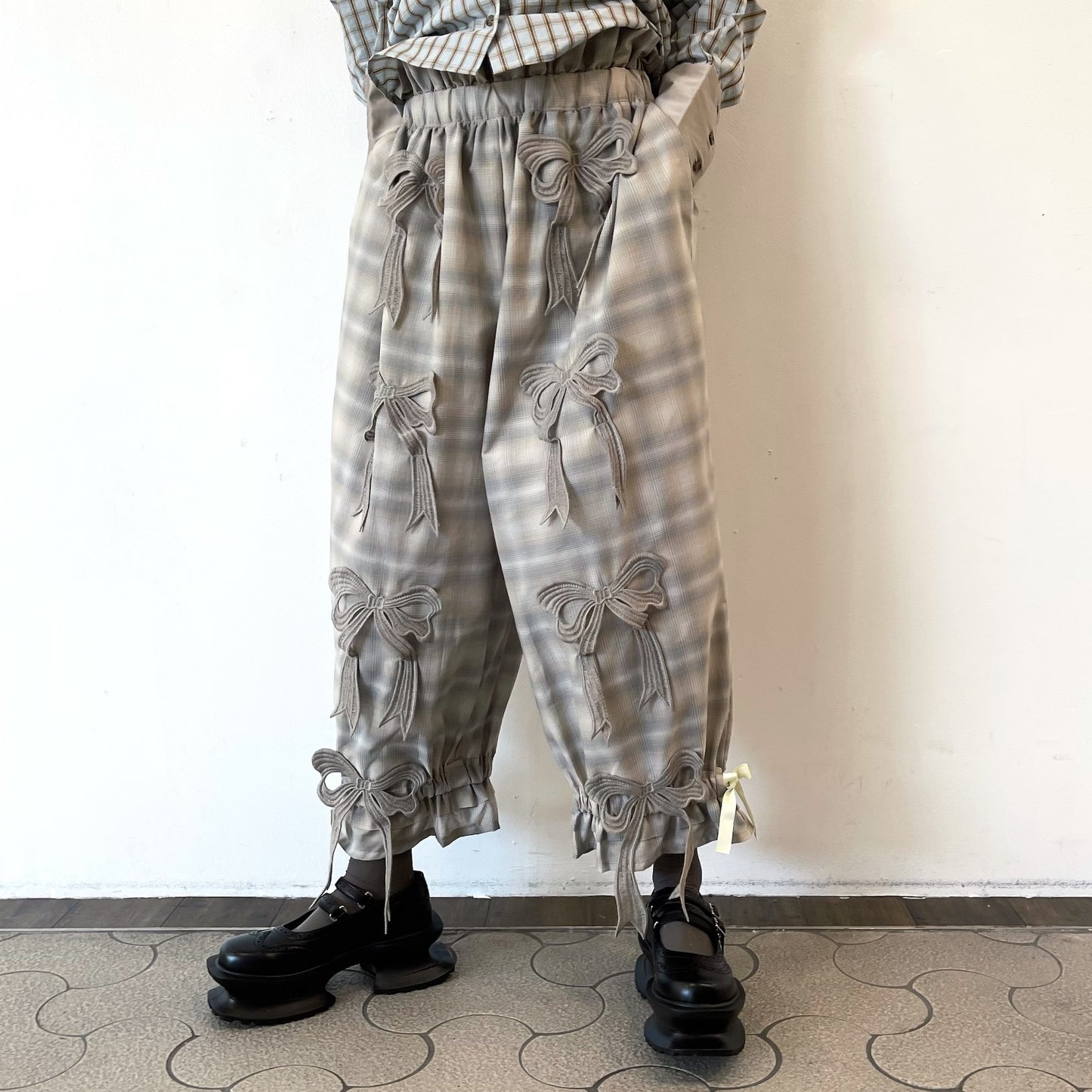 DRAWERS RIBBON CHECK PANTS / BEIGE / リボンチェックパンツ