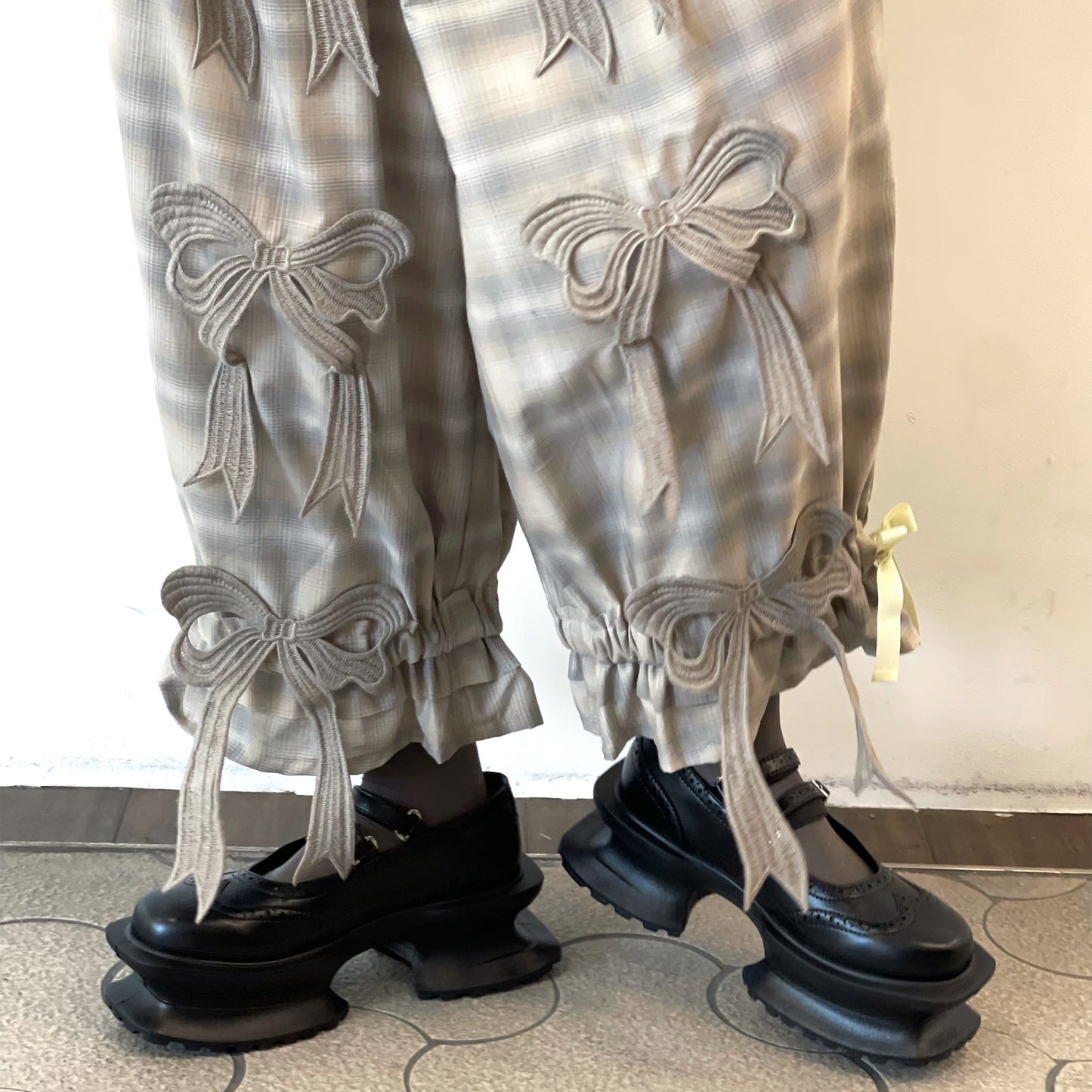 DRAWERS RIBBON CHECK PANTS / BEIGE / リボンチェックパンツ