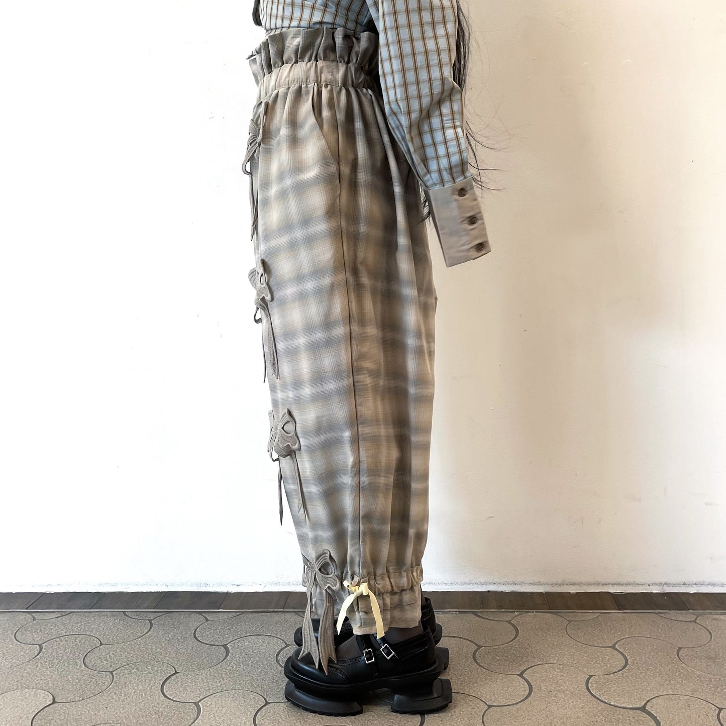 DRAWERS RIBBON CHECK PANTS / BEIGE / リボンチェックパンツ