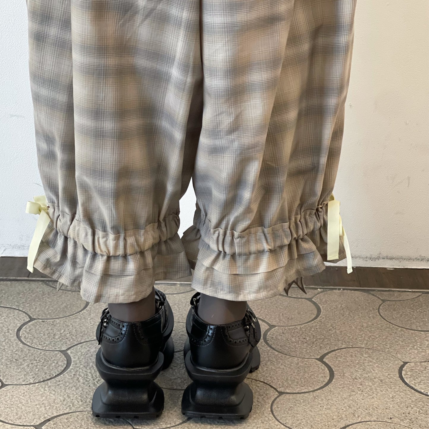 DRAWERS RIBBON CHECK PANTS / BEIGE / リボンチェックパンツ