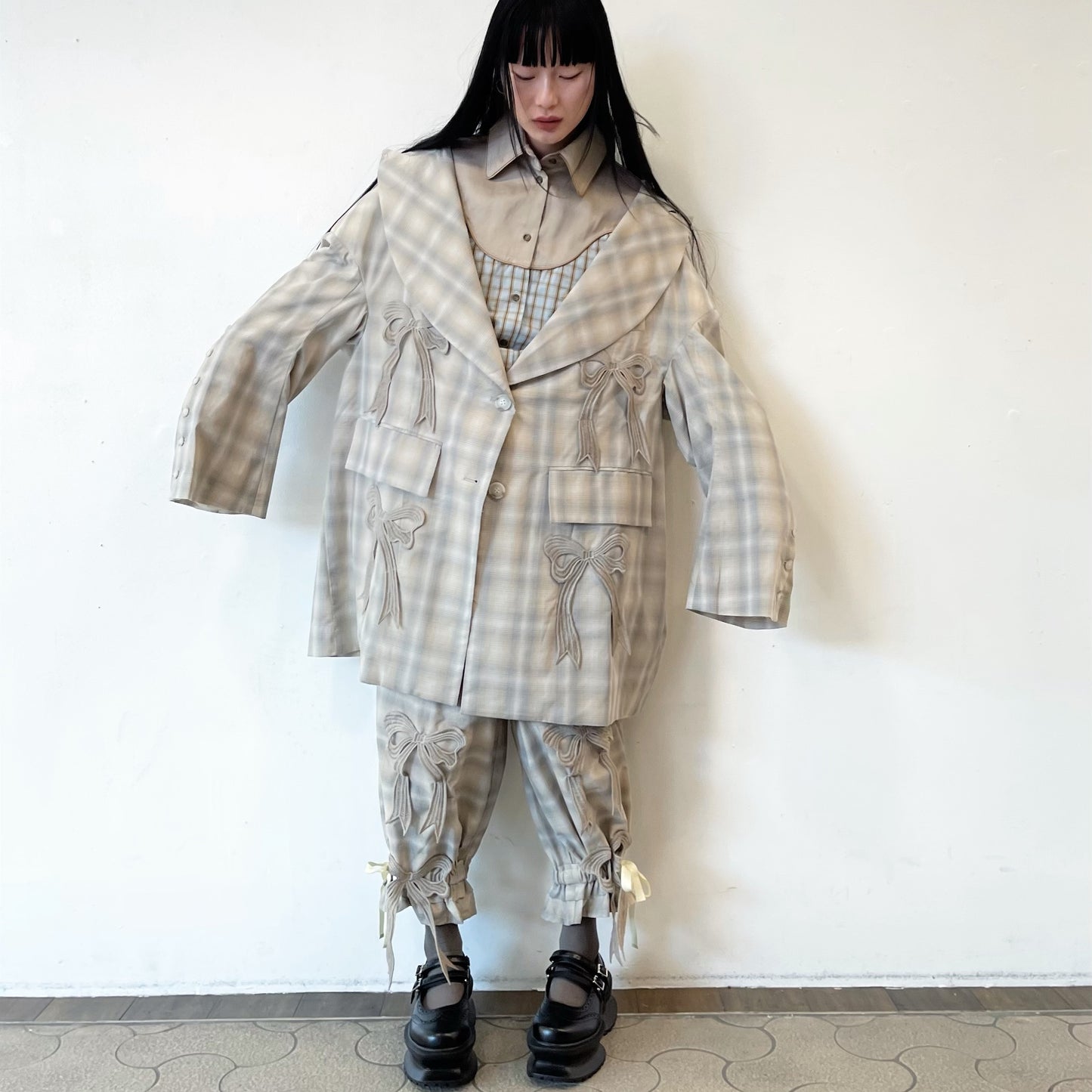 DRAWERS RIBBON CHECK PANTS / BEIGE / リボンチェックパンツ