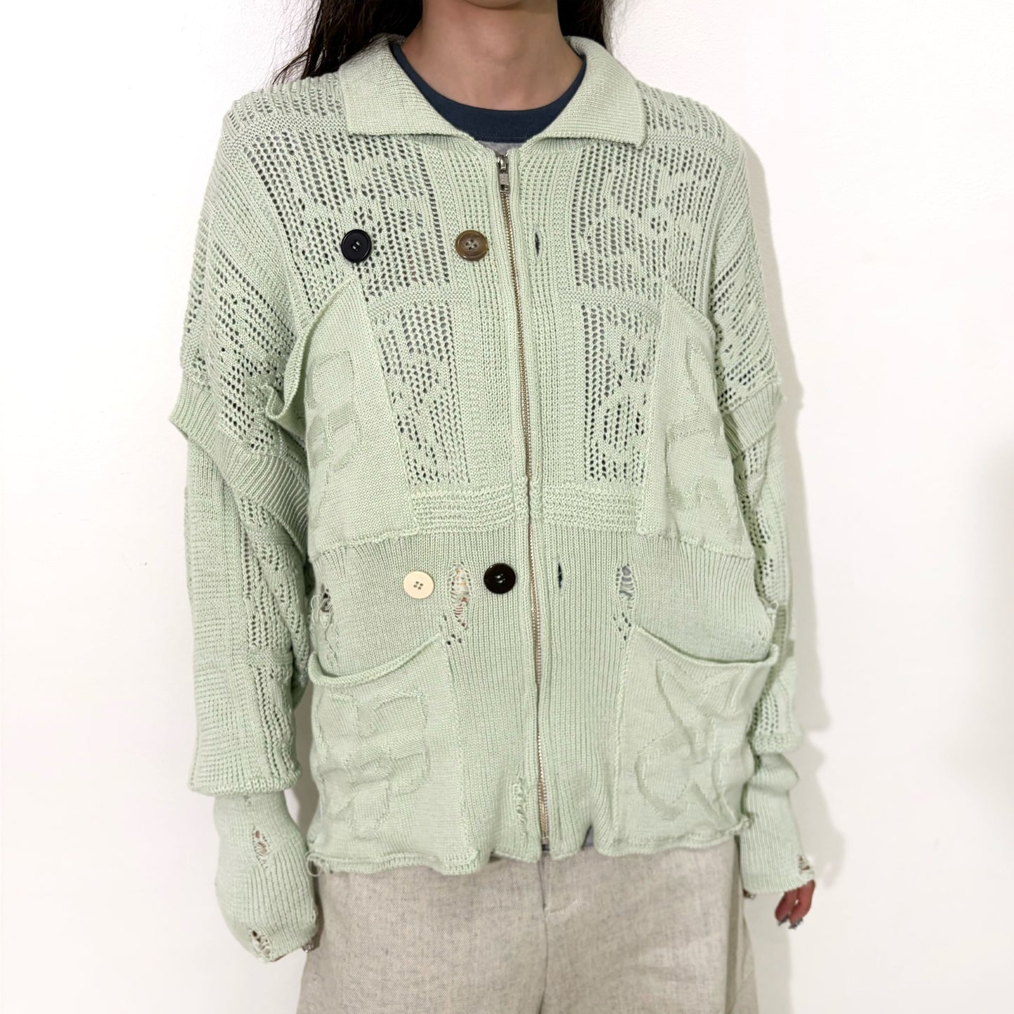 SHINING LACE "PUZZLE-UP" ZIP KNIT / GREEN / ジップアップニット