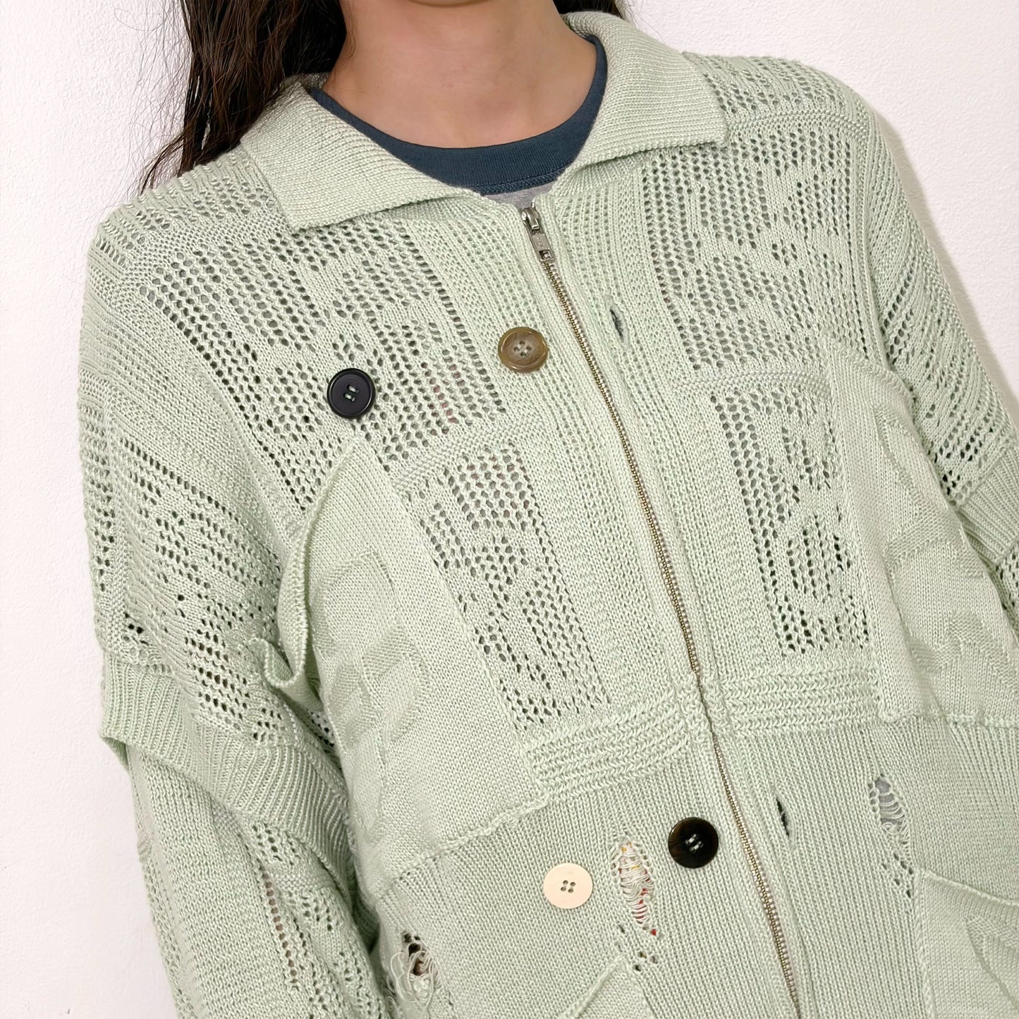 SHINING LACE "PUZZLE-UP" ZIP KNIT / GREEN / ジップアップニット