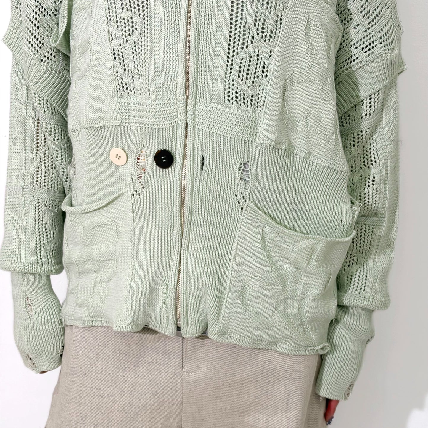 SHINING LACE "PUZZLE-UP" ZIP KNIT / GREEN / ジップアップニット
