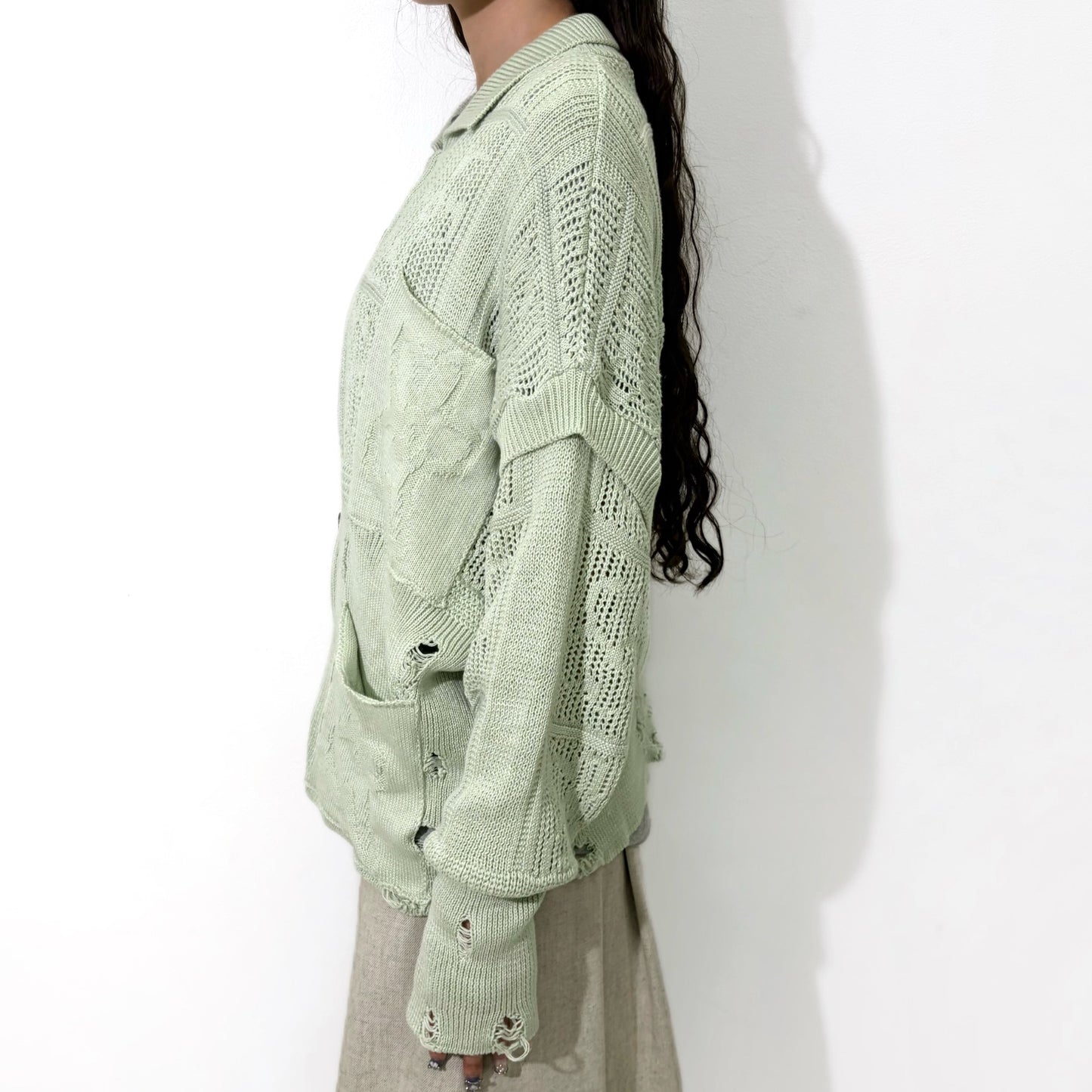 SHINING LACE "PUZZLE-UP" ZIP KNIT / GREEN / ジップアップニット
