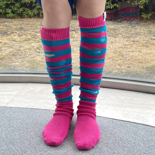 BORO KNIT SKATER HI SOCKS / HUNSON PINK × BLUE / ダメージハイソックス