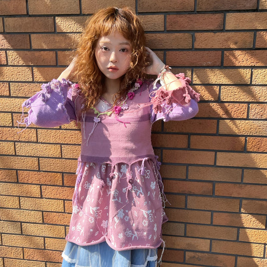 Flower knit jumper / Purple / フラワーニットトップ