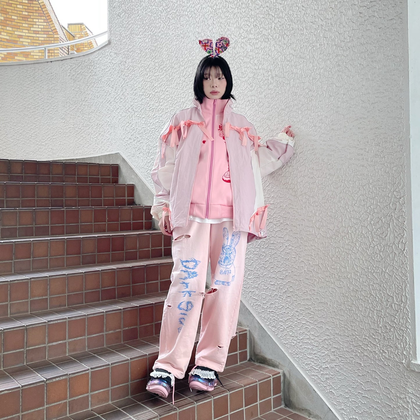 DESTROYED SWEAT PANTS BIOSTONE WASHED DAMAGE STAIN PROCESSED / PINK / ダメージスウェットパンツ