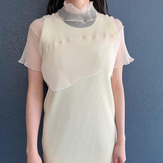 GHOST TODO DRESS *SHORTSLEEVE HIGHNECK +INNER / CREAM / チュールプリーツシアードレス