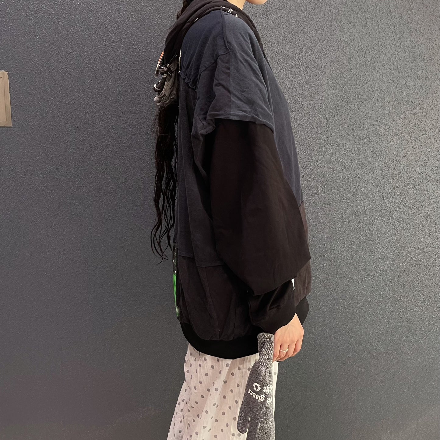 REMODEL/LAYER/VINTAGE TEE / BLACK / 手袋付きリメイクTシャツ