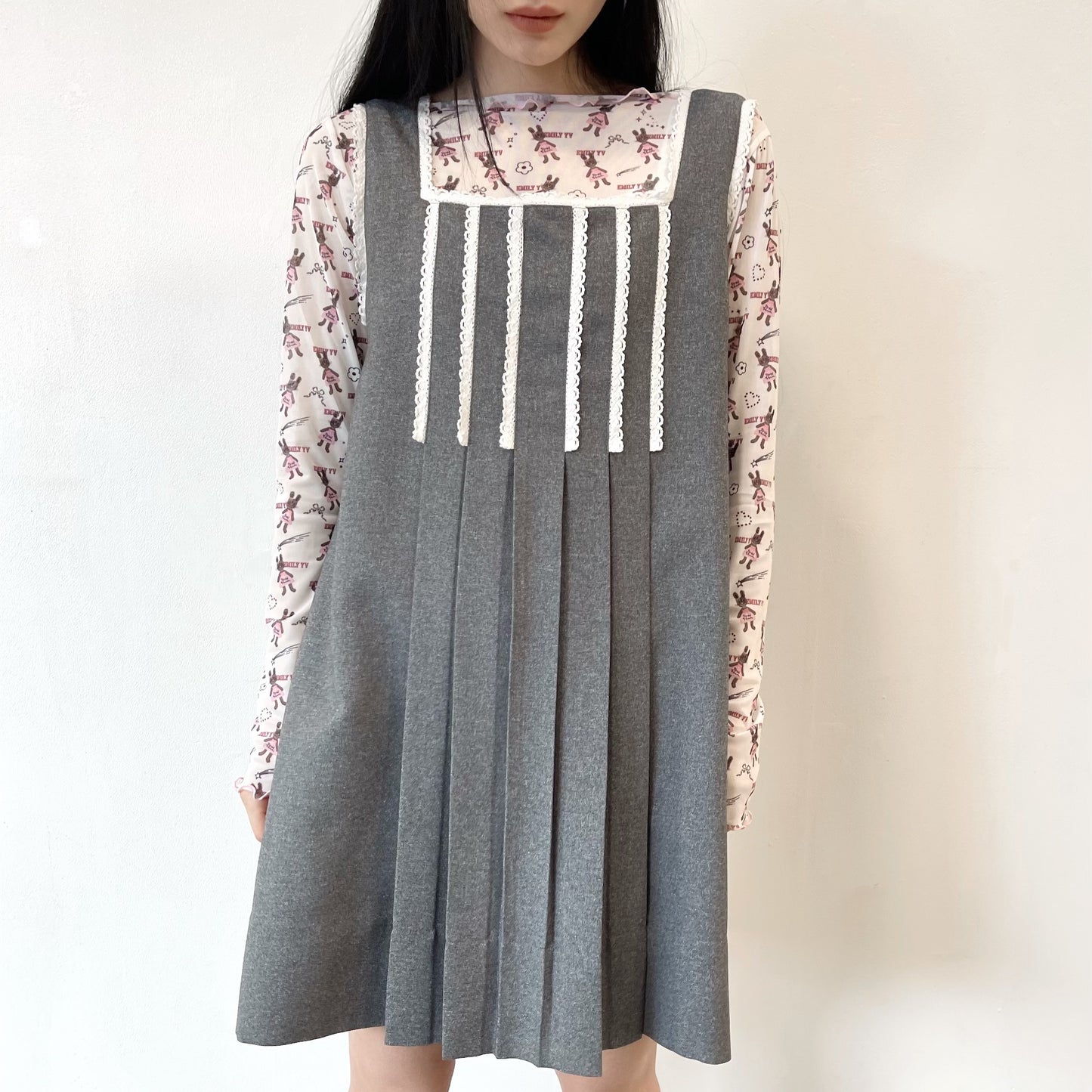 Pleats sleeveless dress / Gray / プリーツレースドレス