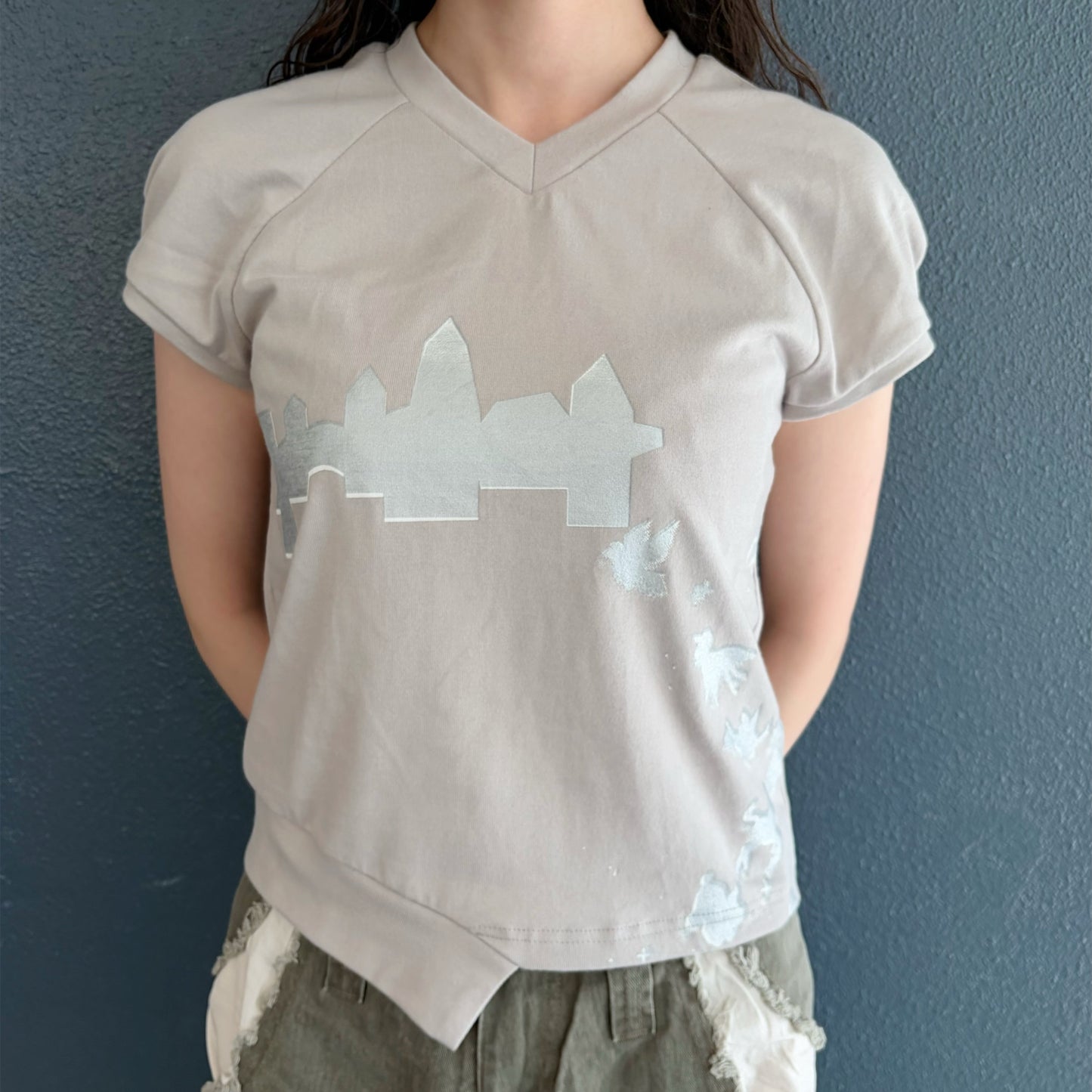 raglan sleeve v neck top / beige x silver print / ラグランスリーブVネックトップ