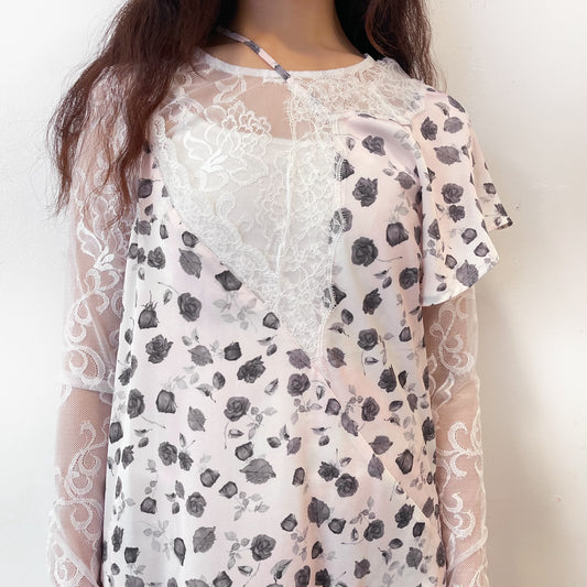 Francesca Dress / Print Pink x White lace / アシンメトリードレス