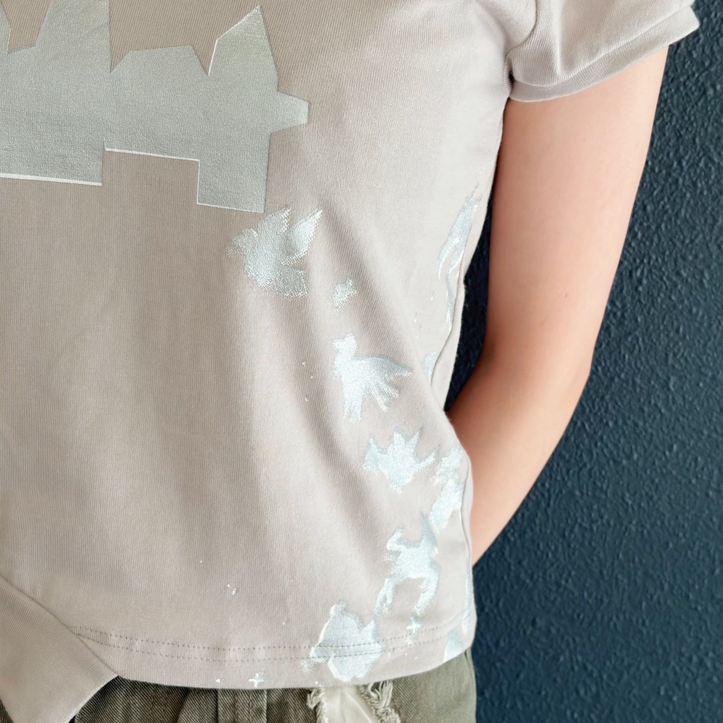 raglan sleeve v neck top / beige x silver print / ラグランスリーブVネックトップ