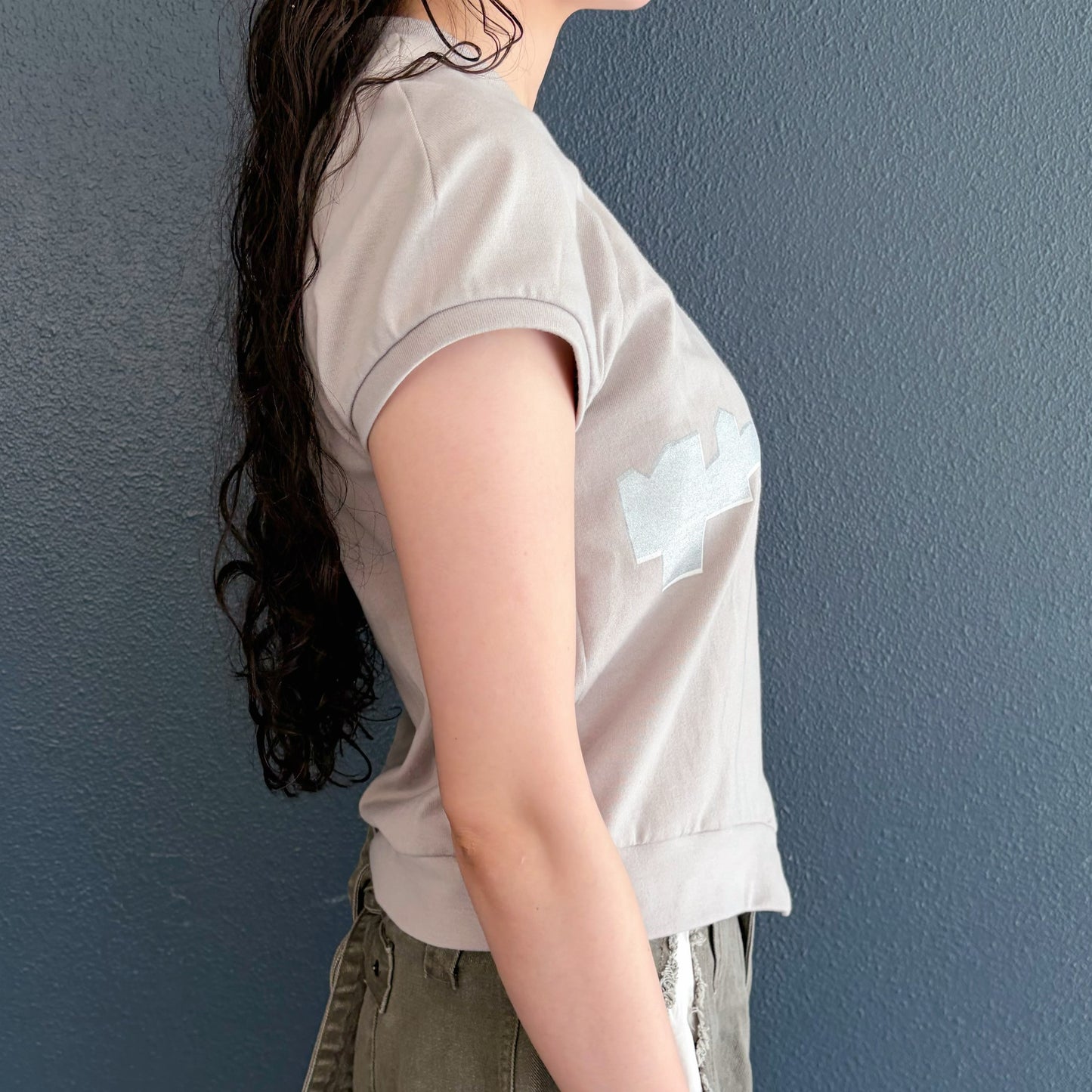 raglan sleeve v neck top / beige x silver print / ラグランスリーブVネックトップ