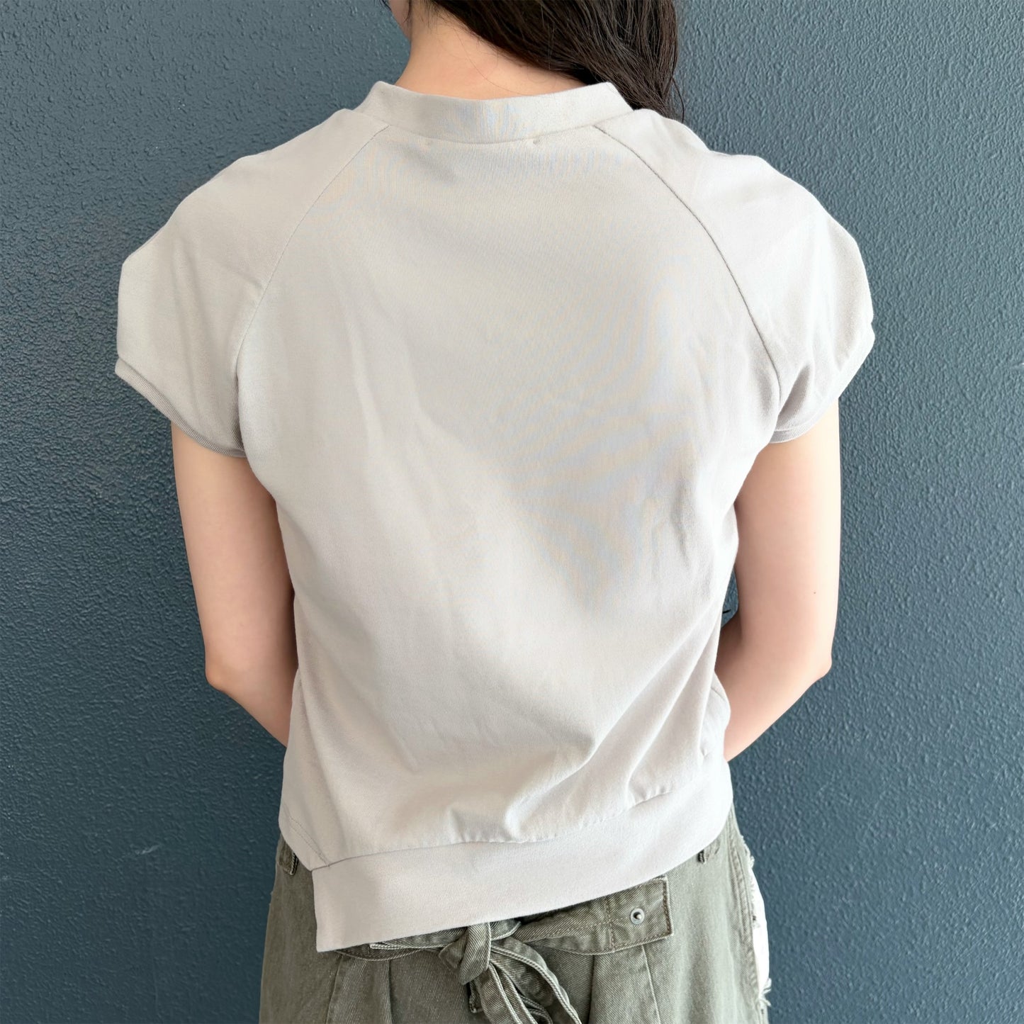 raglan sleeve v neck top / beige x silver print / ラグランスリーブVネックトップ