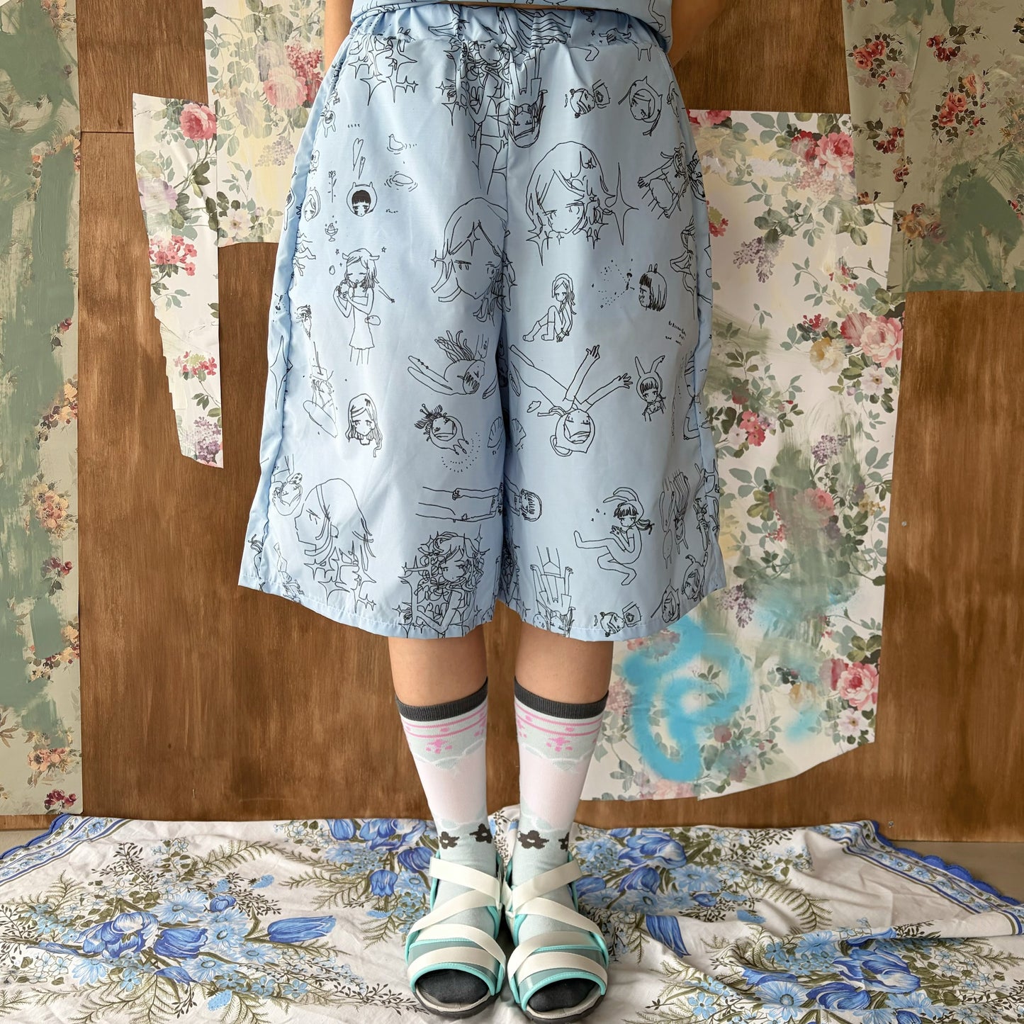 Megumi Okubo half pants / blue / 大久保惠コラボレーションハーフパンツ
