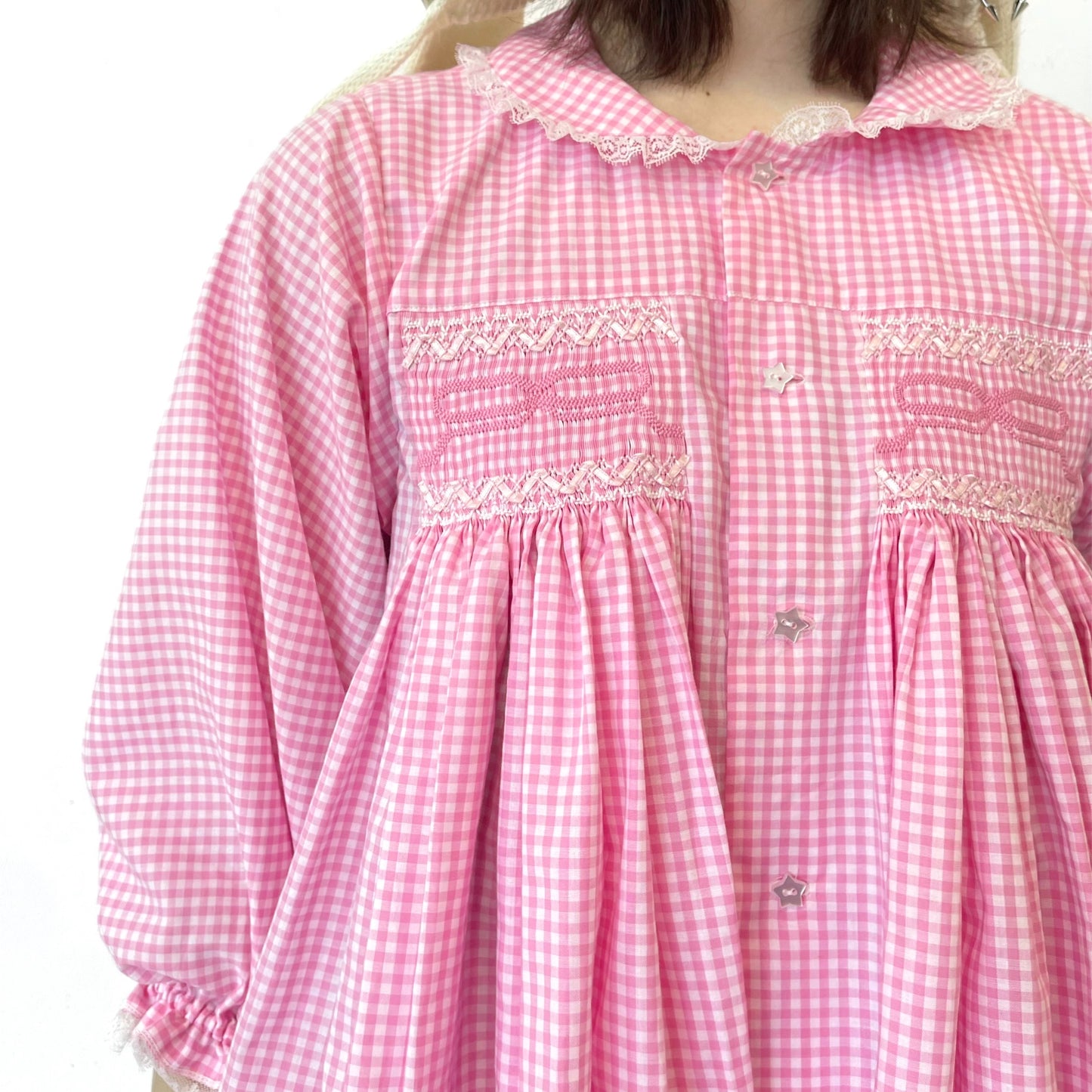 Smocking ribbon blouse / Pink / スモッキングリボンブラウス