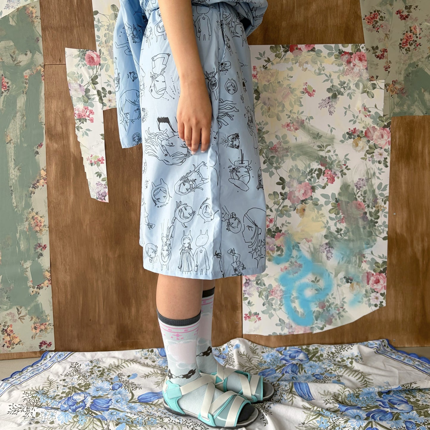 Megumi Okubo half pants / blue / 大久保惠コラボレーションハーフパンツ