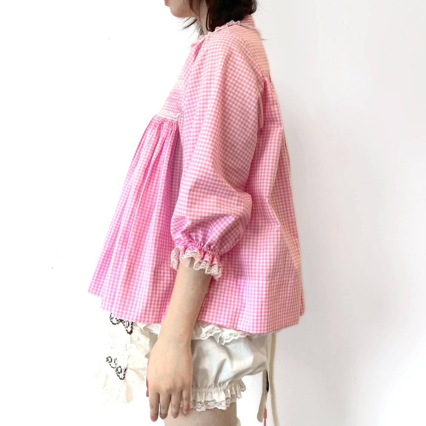 Smocking ribbon blouse / Pink / スモッキングリボンブラウス