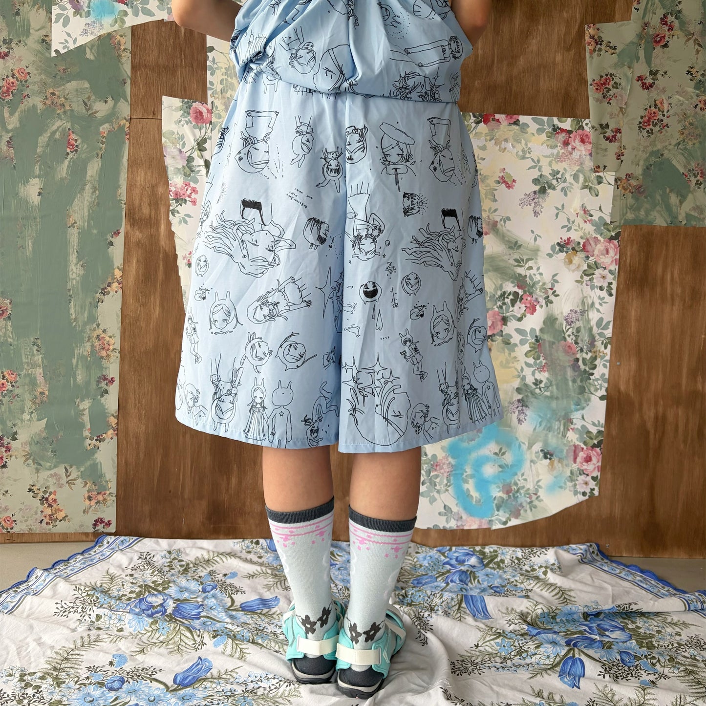 Megumi Okubo half pants / blue / 大久保惠コラボレーションハーフパンツ
