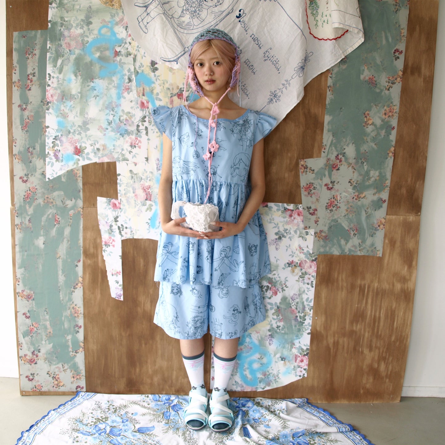 Megumi Okubo half pants / blue / 大久保惠コラボレーションハーフパンツ