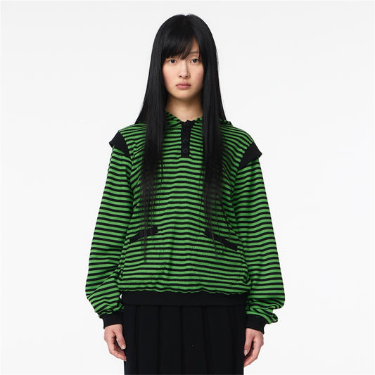 STRIPED FLARED SLEEVE HOODIE / GREEN / ストライプワッフルフーディー