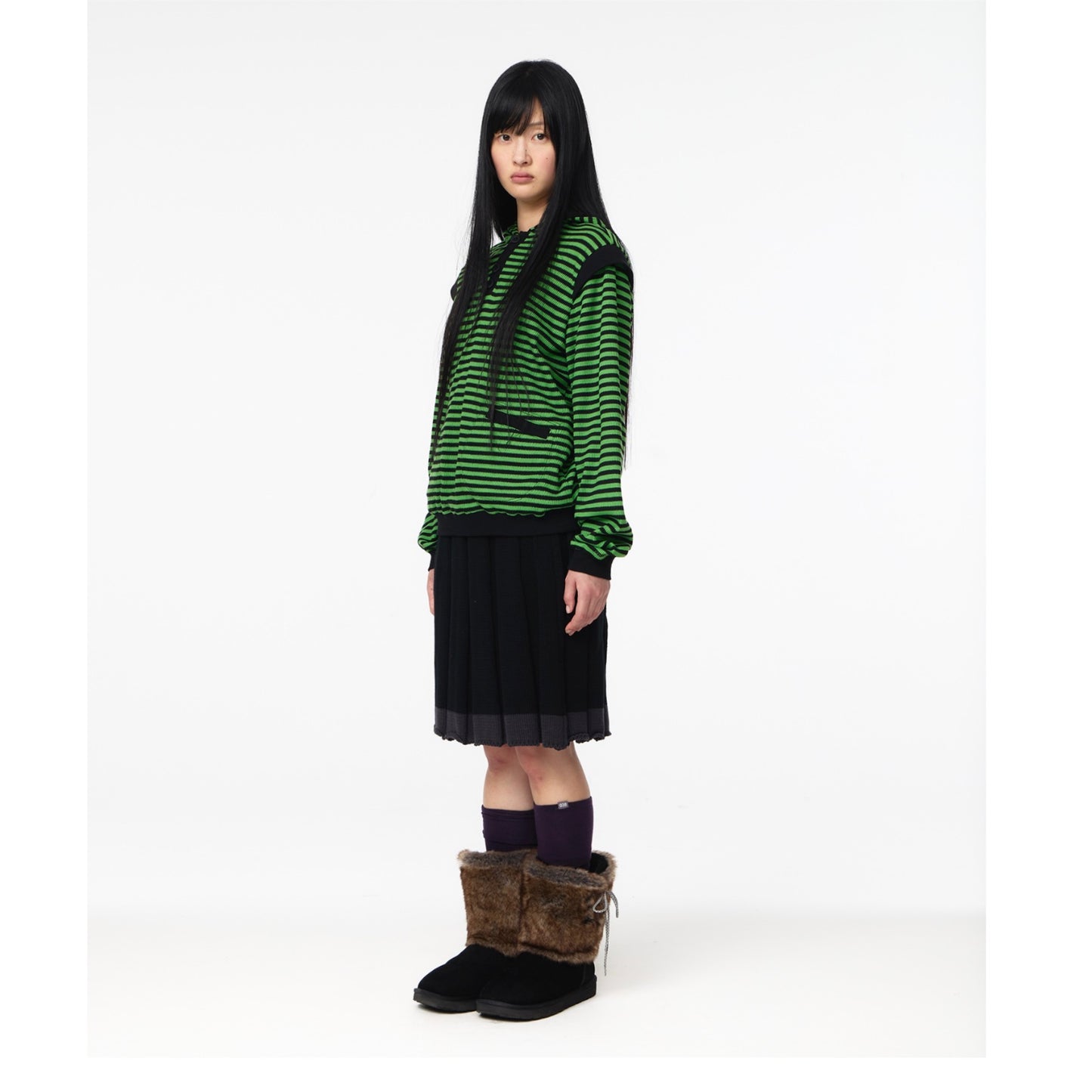 STRIPED FLARED SLEEVE HOODIE / GREEN / ストライプワッフルフーディー