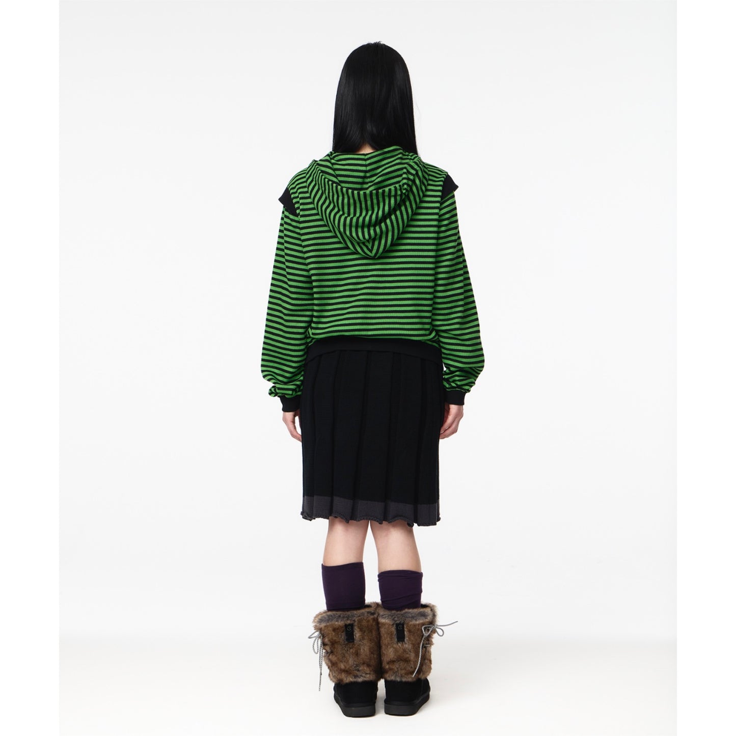 STRIPED FLARED SLEEVE HOODIE / GREEN / ストライプワッフルフーディー