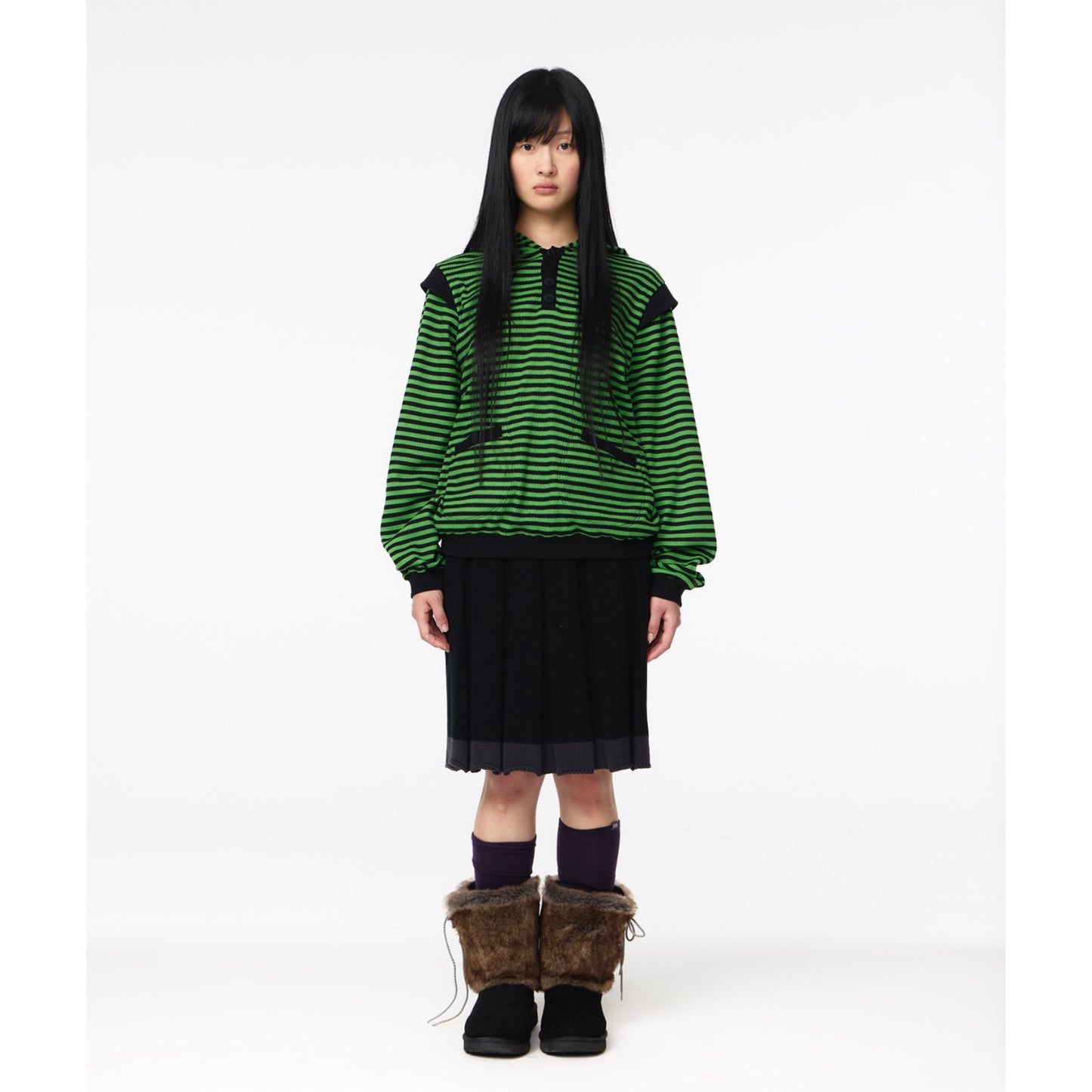 STRIPED FLARED SLEEVE HOODIE / GREEN / ストライプワッフルフーディー