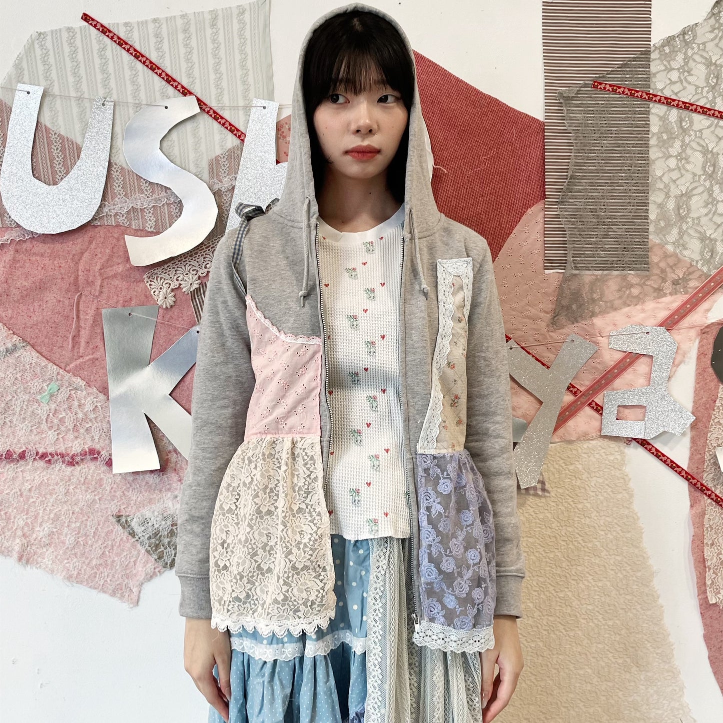 fake layered hoodie / Gray / フェイクレイヤードフーディー