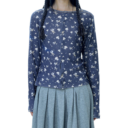 COTTON CUDDLE LONGSLEEVES / NAVY / パターンコットントップ