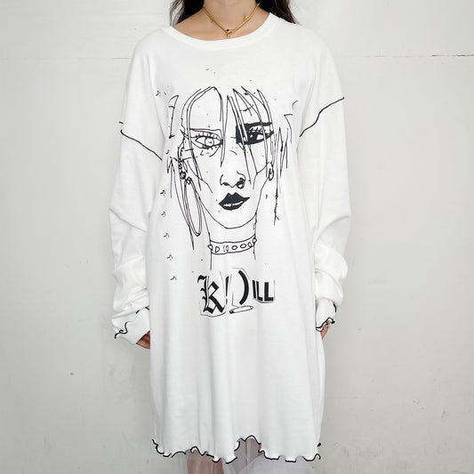 PUNK GIRL RIB KNIT LONG SLEEVE T-SHIRT / WHITE / オーバーサイズメロウロングTシャツ