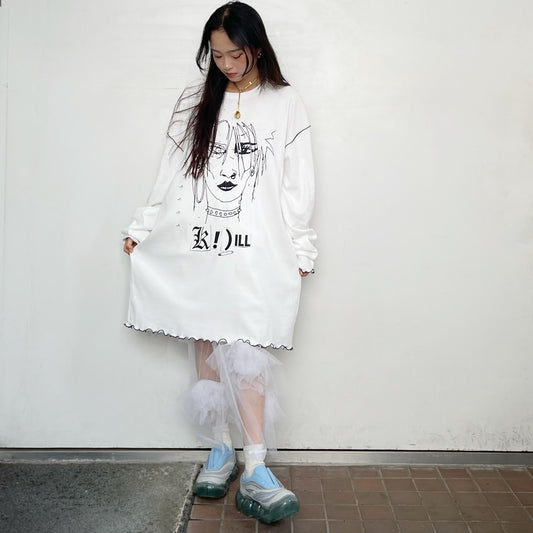 PUNK GIRL RIB KNIT LONG SLEEVE T-SHIRT / WHITE / オーバーサイズメロウロングTシャツ