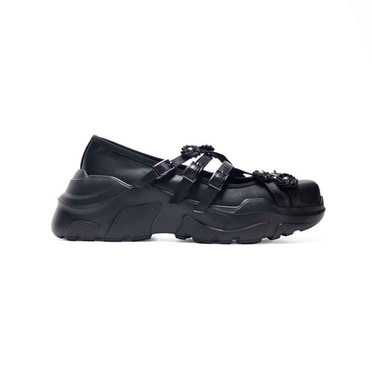 【AKIKOAOKI】Flora / Black x Black / フラワーストラップシューズ