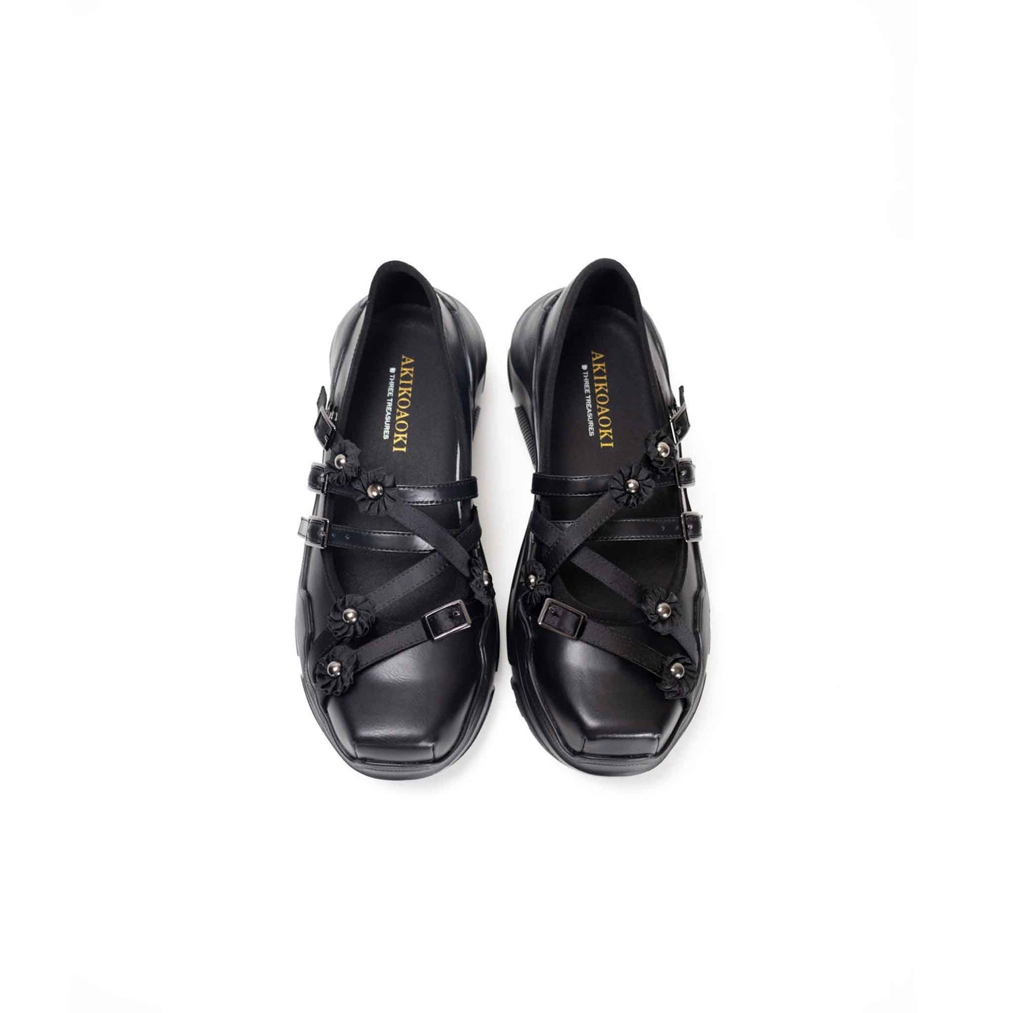 【AKIKOAOKI】Flora / Black x Black / フラワーストラップシューズ