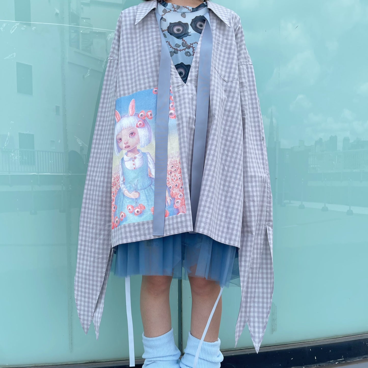 RIBBON SHIRT USAGI DAMA / GREY CHECK / チェックリボンシャツ