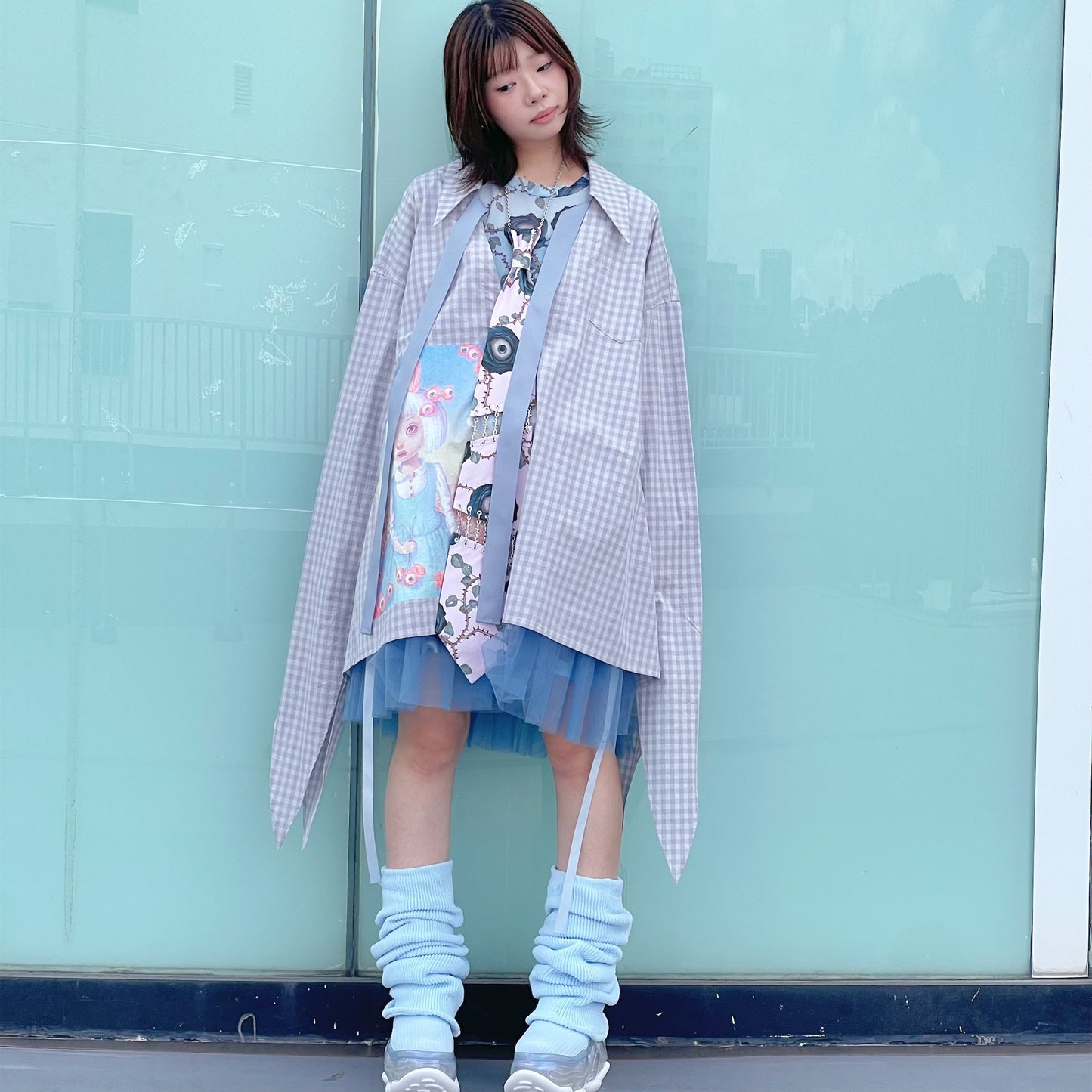 RIBBON SHIRT USAGI DAMA / GREY CHECK / チェックリボンシャツ