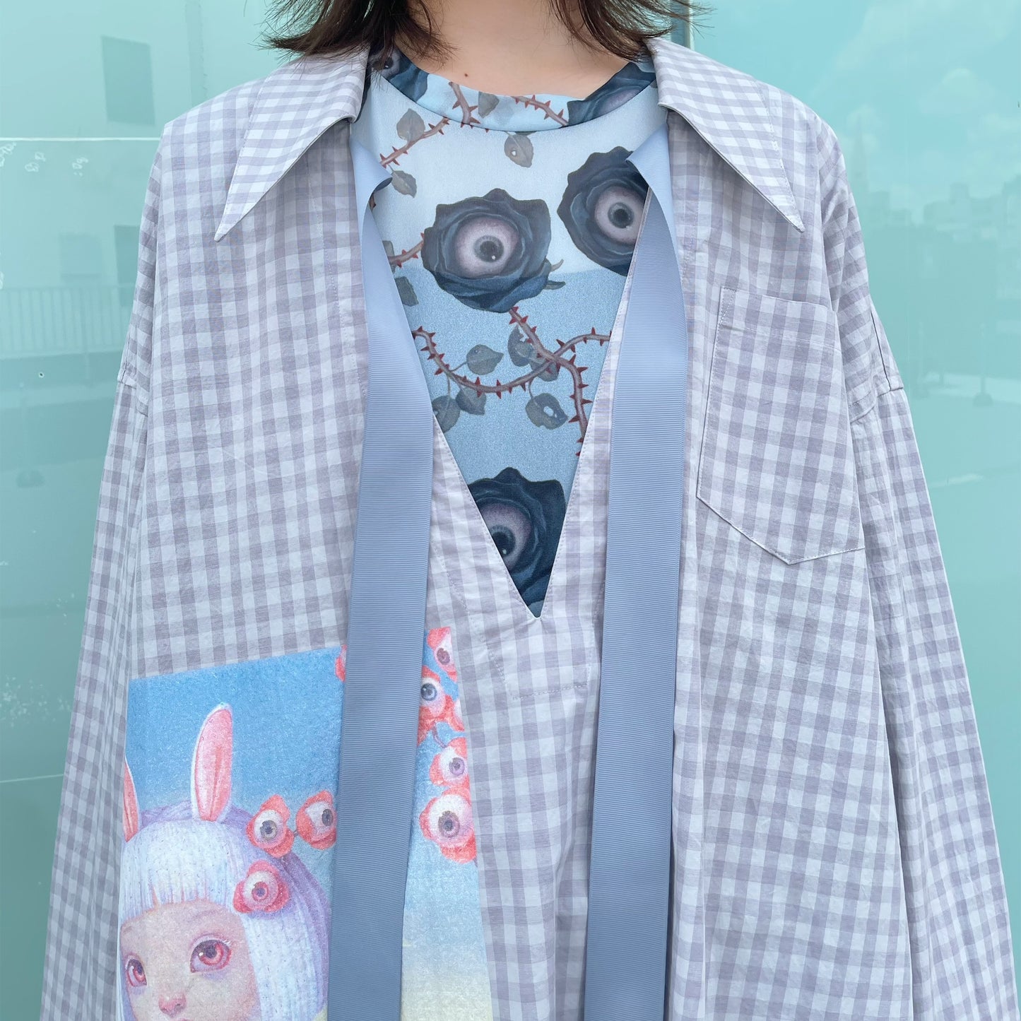 RIBBON SHIRT USAGI DAMA / GREY CHECK / チェックリボンシャツ