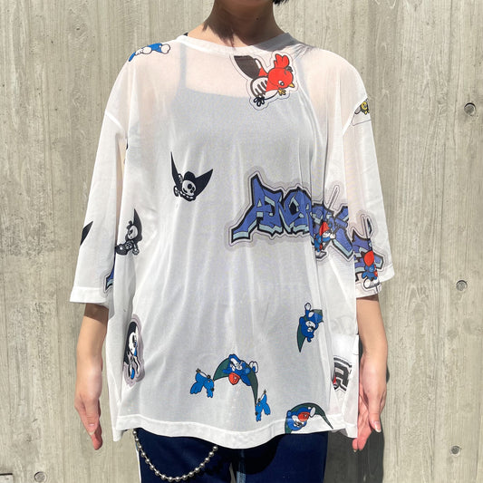 TEE/MESH/FLOCKING/ATOZ/ WHITE / プリントメッシュカットソー