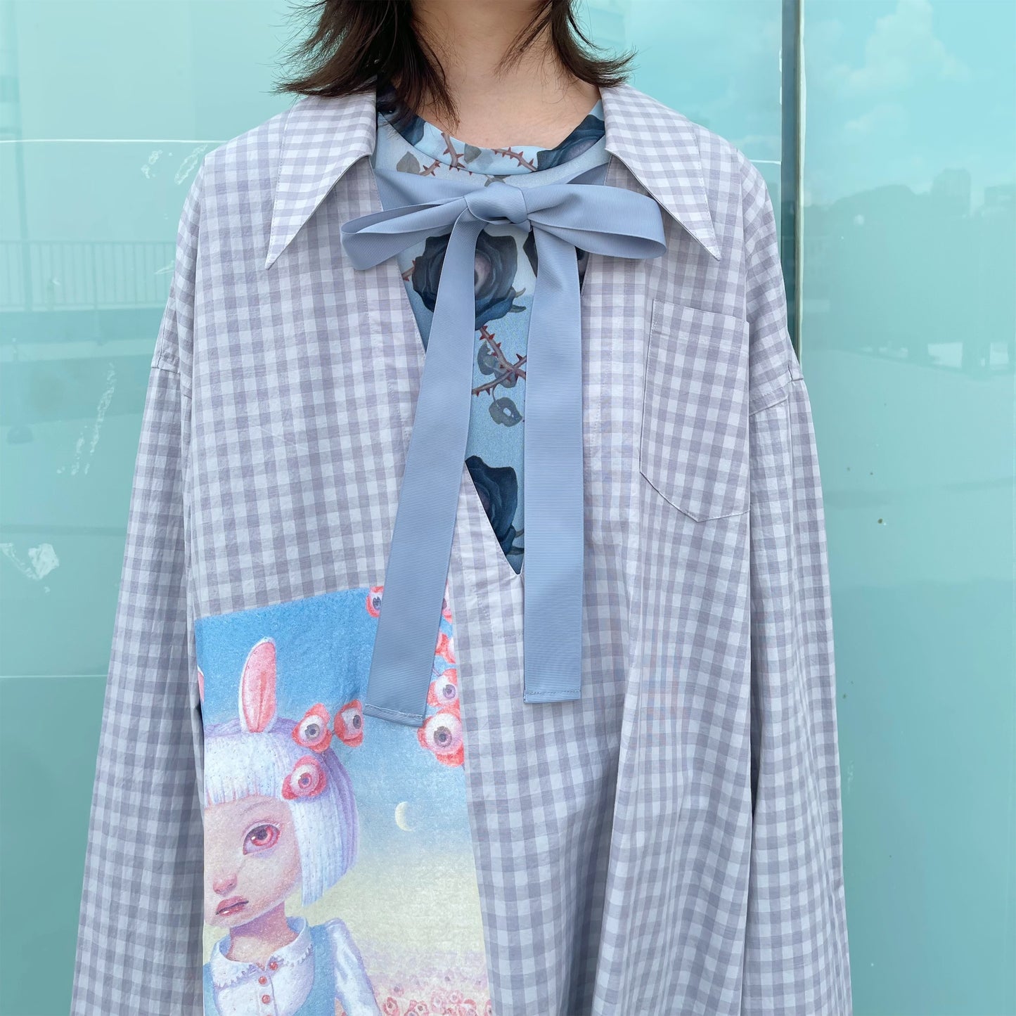 RIBBON SHIRT USAGI DAMA / GREY CHECK / チェックリボンシャツ